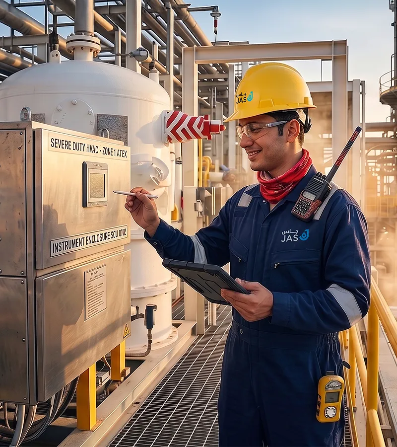 JAS technician inspecting HVAC Zone 1 ATEX equipment on an oil and gas facility — Abu Dhabi UAE